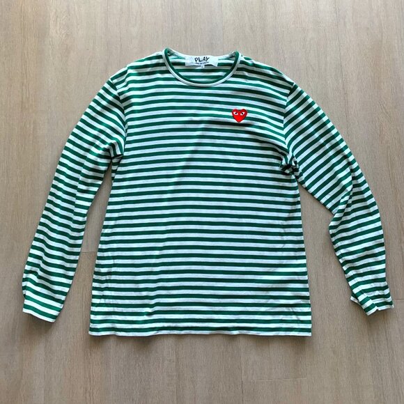 Comme des Garcons PLAY Green & White Heart Patch Long Sleeve T-Shirt - Picture 1 of 3